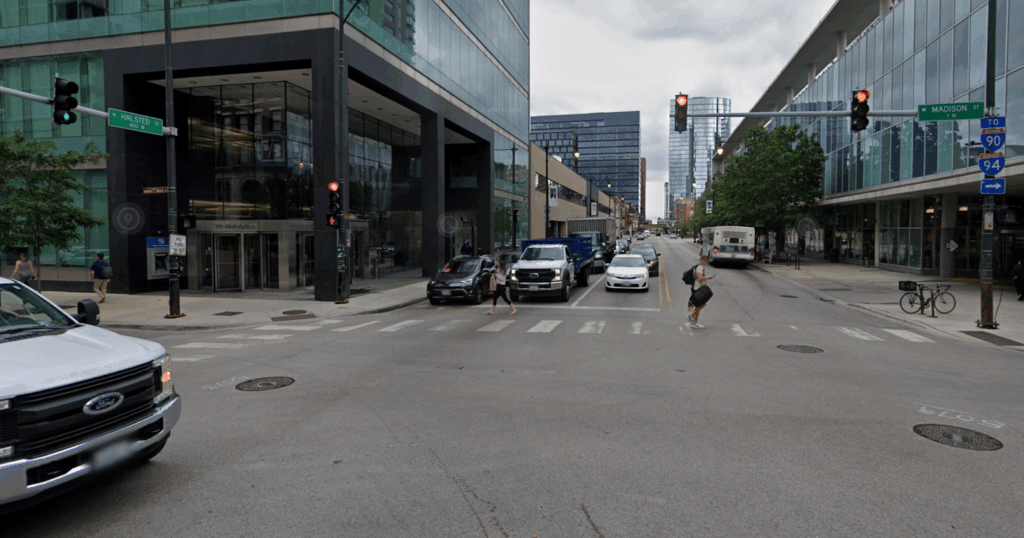 Madison St. and Halsted St. intersection Google maps street view