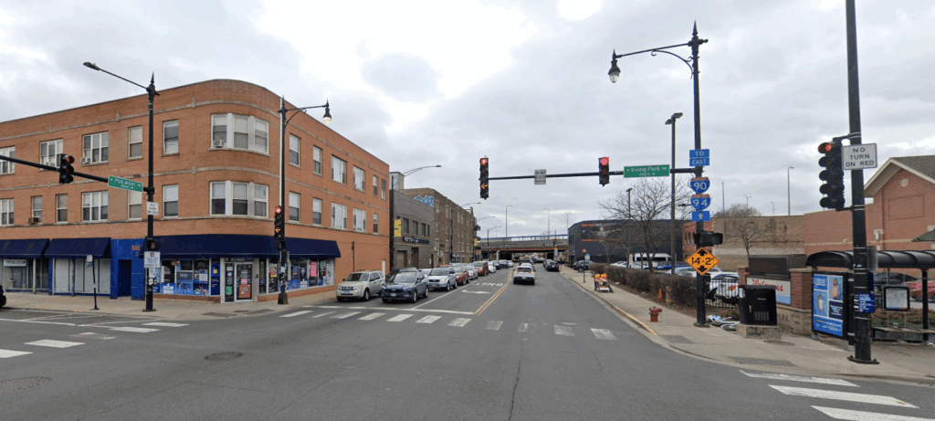 Irving Park Road and Pulaski Road intersection from Google Maps